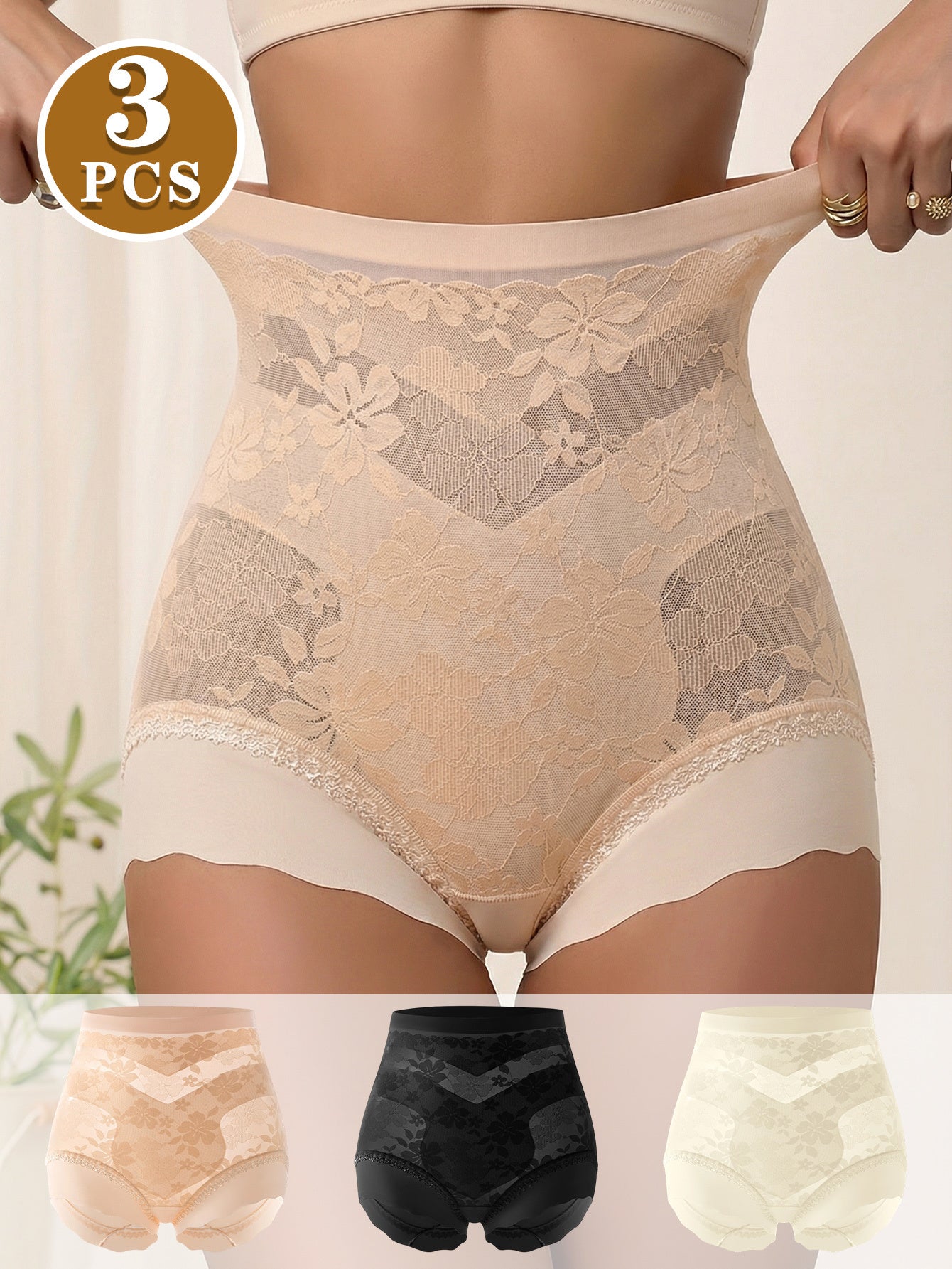 3pcs Women's High-Waisted Underwear - Tummy Butt Lifting Panties with Floral Print, Shaping Briefs for Casual Attire, Breathable Soft Lingerie (3 Months Supply)