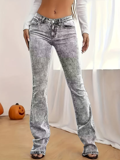 1pc Fashionable Slim-Fit Stretchy Flared Pants 8150 Casual Style, Medium Stretch Fabric, Washed Solid Color, Long Length, Low Waist, Button Fly Closure, Suitable For Weekend Casual