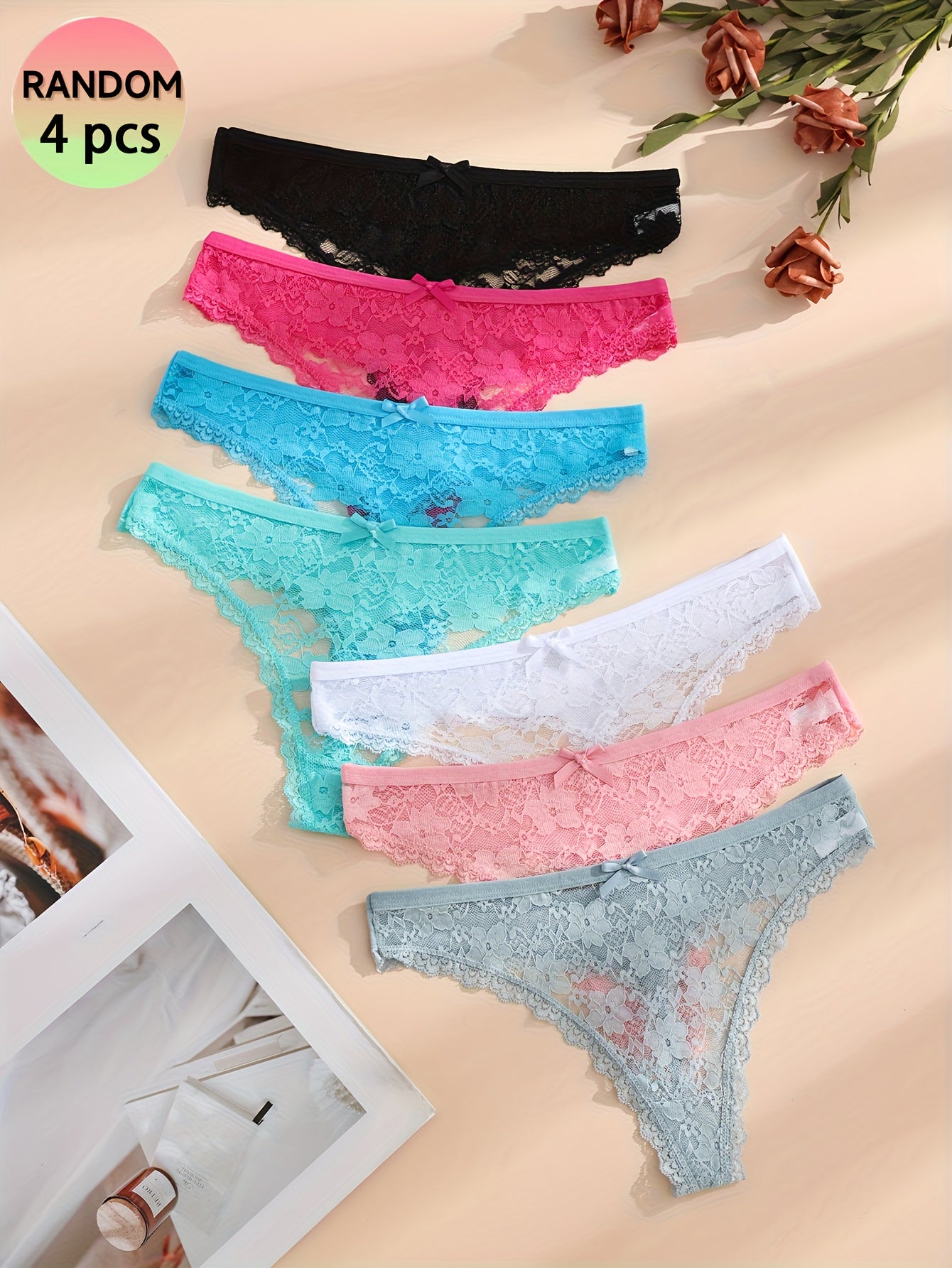 4pcs Of Mixed Color Lace Sexy Women's Underwear, Soft And Breathable Bow-tie Minimalist Women's Thong, Sexy Lingerie Panties.