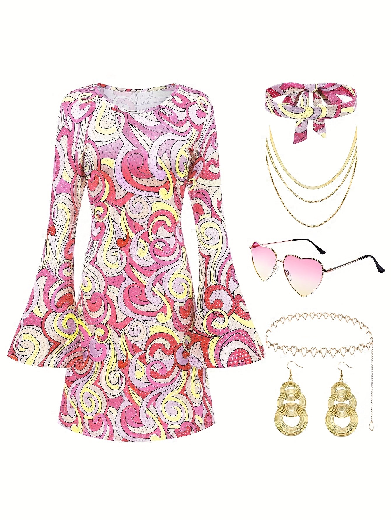 70s Disco Outfits for Women - 60s Hippie Dress Costume Party Accessories Set Fashion Glasses Headband