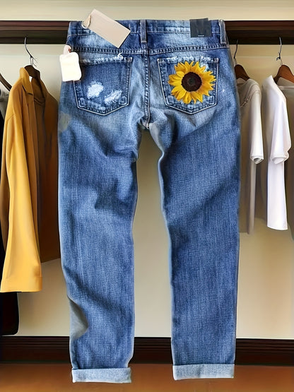 1pc Women'S Slim Fit Floral Print Denim Jeans - Stretchy, Elegant Style with Vibrant Flower Design, Perfect for Spring & Fall, Jeans for Women