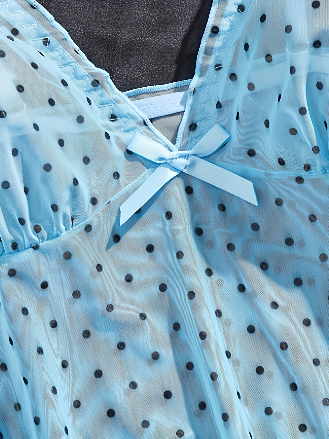 Plus Size Women's Blue Polka Dot Sheer Mesh Lingerie Dress Set, 2pcs Ruffled V-Neck Chemise Nightgown, Sexy Babydoll Sleepwear for Curvy Women