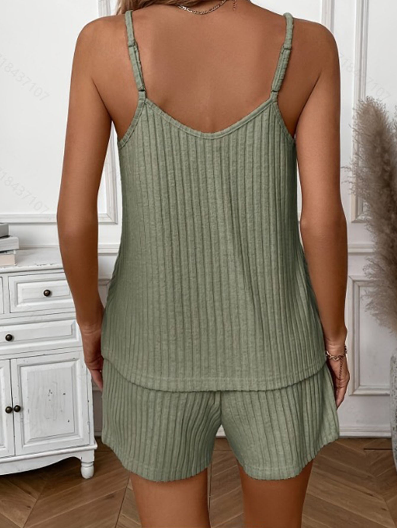 Women's Versatile Ribbed Solid Color Vest Top with Casual Shorts 2pcs Set
