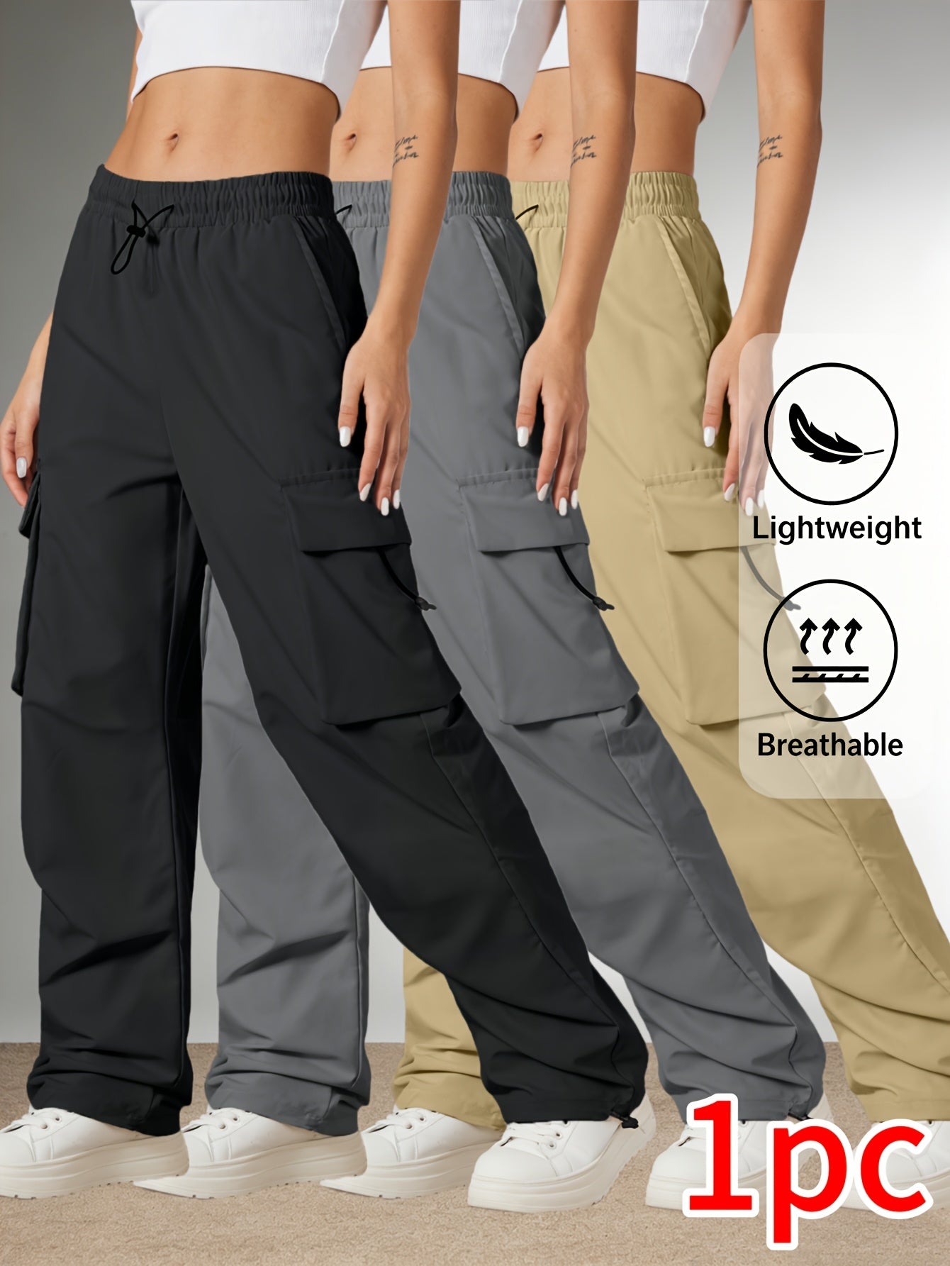 Women'S Casual Cargo Pants, Elastic High Waist Drawstring Loose Wide Leg Trousers, Multi-Pocket Utility Pants, Lightweight Quick Dry, Streetwear Y2K Style, Hiking Outdoor Jogger Pants for Daily/Travel/Workout, Black/Gray/Khaki