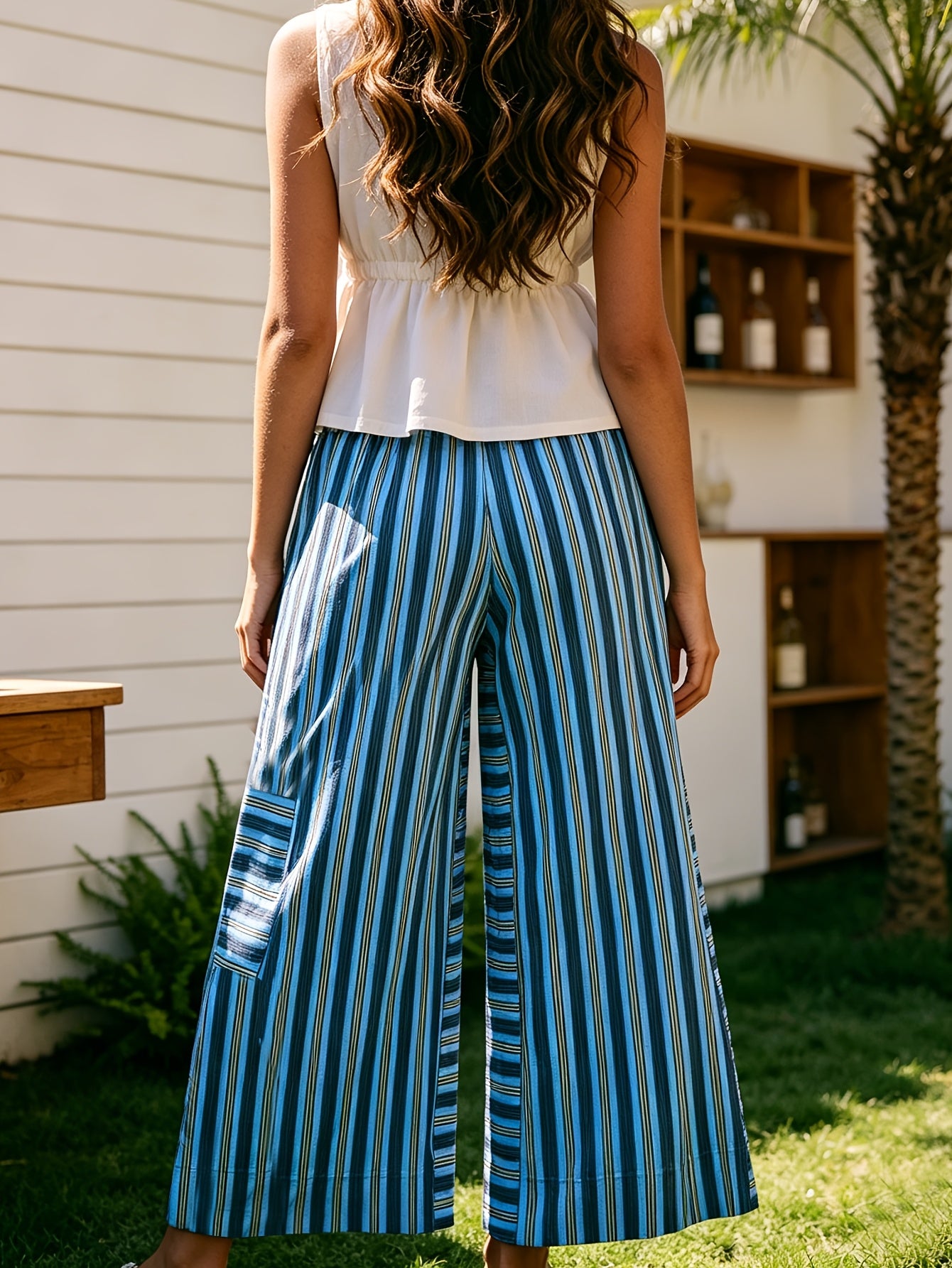 Women's Wide Leg Pants with Elastic Waist & Striped Drawstring - Striped Horizontal Stripes Trousers Suitable for Spring/Summer, Casual Lounge Pants with Side Pockets, Machine Washable Wide-Leg Trousers for Warm Weather
