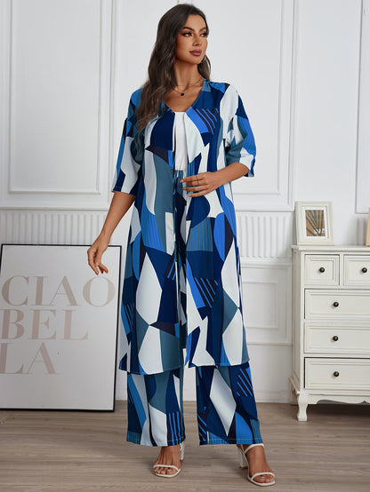 Vacation Style Geo Print Pantsuits Set, Long Length Short Sleeve Shirt & Wide Leg Pants Outfits, Women's Clothing