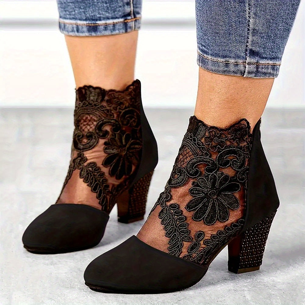 Elegant Black Lace Ankle Boots with Floral Patterns - Comfortable Chunky Heel, Back Zip Closure, Round Toe Design, Breathable Fabric Upper And TPR Sole for Stylish Women, Women Shoes