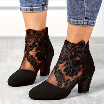 Elegant Black Lace Ankle Boots with Floral Patterns - Comfortable Chunky Heel, Back Zip Closure, Round Toe Design, Breathable Fabric Upper And TPR Sole for Stylish Women, Women Shoes
