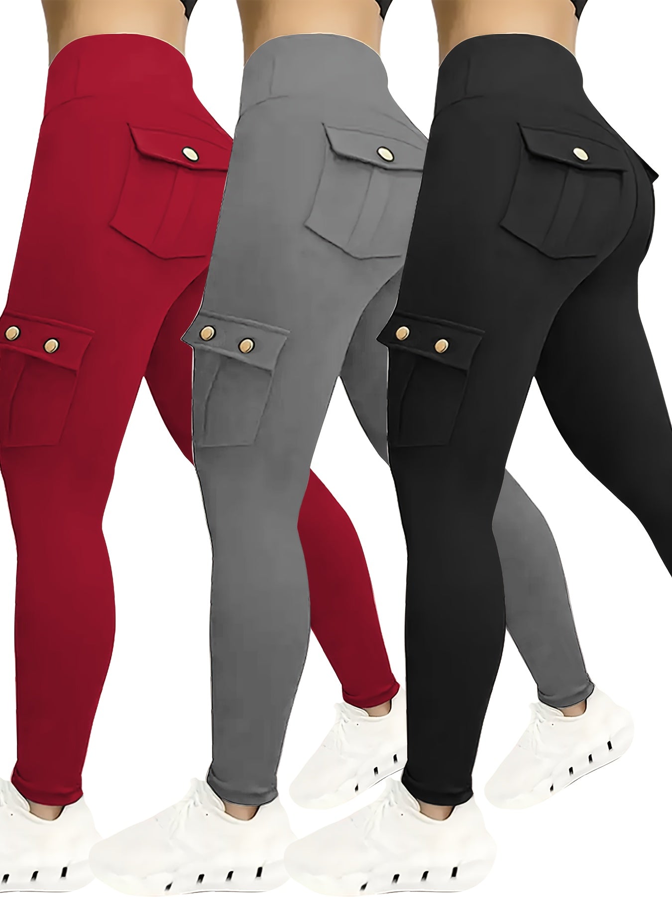 3-Pack Women'S High-Waisted Compression Leggings with Pockets, Suitable for All Seasons, Elastic Running And Sports Leggings, Button Design, Solid Colors (Black, Sky Blue, Gray, Pink, Red), Practical Flap Pockets, Comfortable Fabric