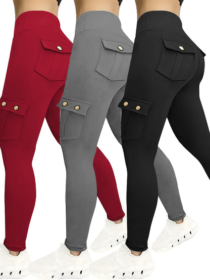 3-Pack Women'S High-Waisted Compression Leggings with Pockets, Suitable for All Seasons, Elastic Running And Sports Leggings, Button Design, Solid Colors (Black, Sky Blue, Gray, Pink, Red), Practical Flap Pockets, Comfortable Fabric
