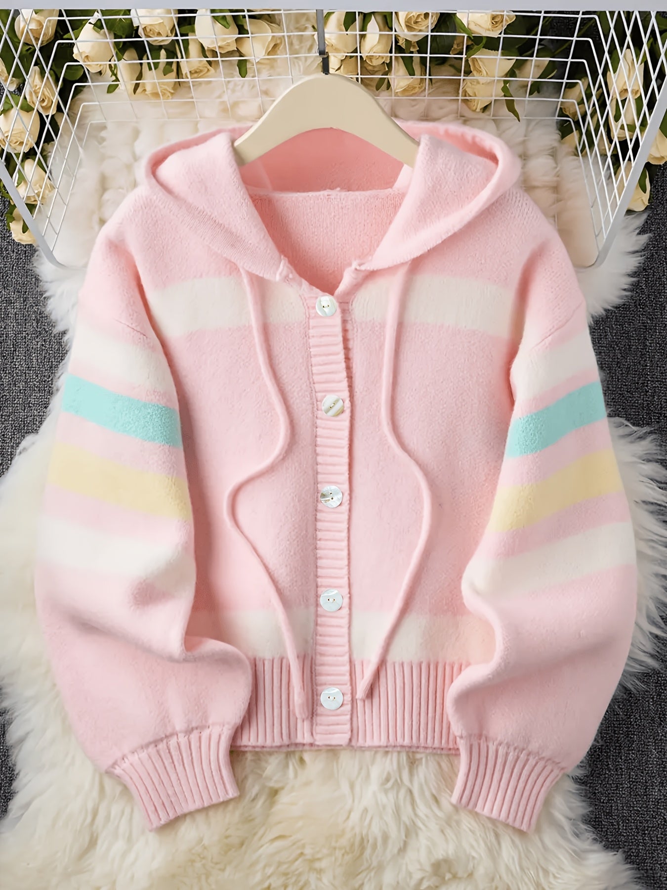 Hooded Cardigan with Rainbow Stripes, Women'S Standard Size Sweater, Soft And Comfy Loose-Fitting Sweater Jacket