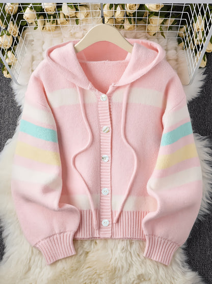 Hooded Cardigan with Rainbow Stripes, Women'S Standard Size Sweater, Soft And Comfy Loose-Fitting Sweater Jacket