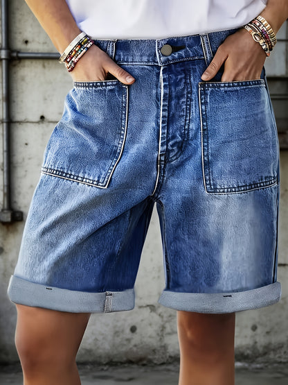 Women's Blue Bermuda Elastic Cargo Jeans Shorts | High Waist, Multiple Pockets, Straight Leg, Medium Stretch Fabric for Spring/Summer