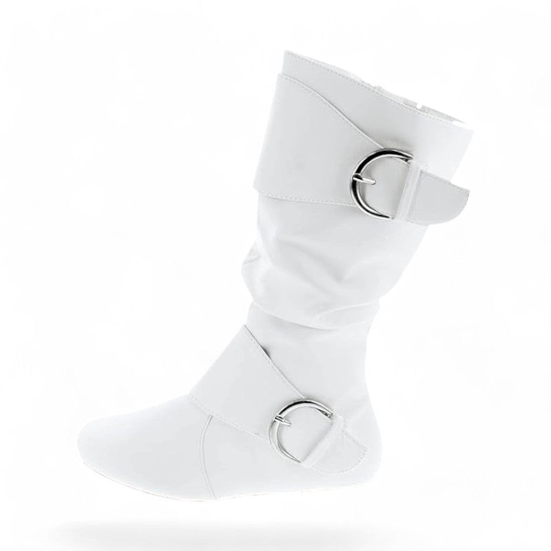 Women's Closed Round Toe Buckle Slouch Flat Heel Mid-Calf Boot