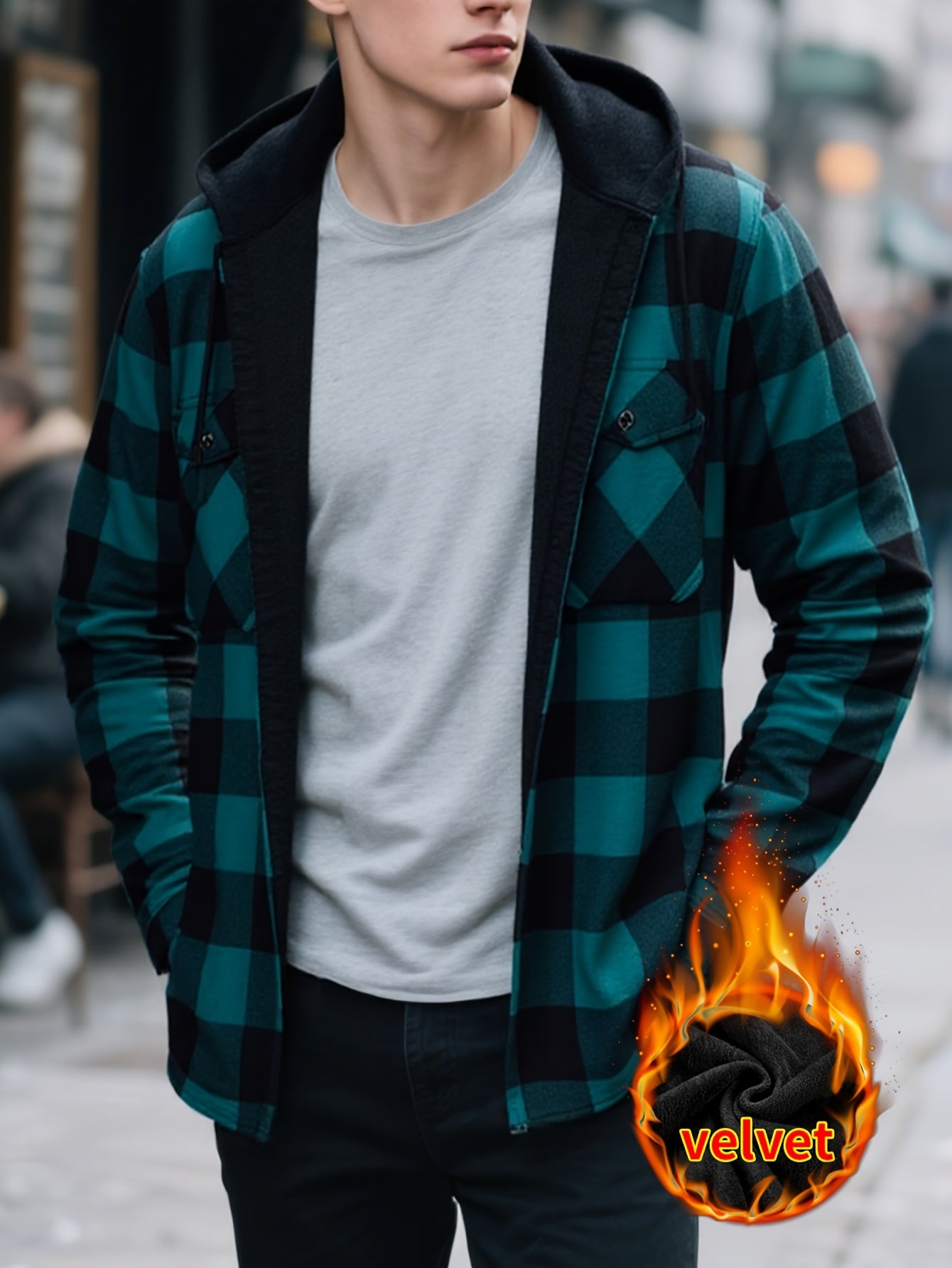 2025 New Men'S Checked Hooded Coat - Comfortable Fleece-Lined, Thick Casual Long Sleeve Top with Pockets, Black And Green Check Design, Ideal for Autumn/Winter, Suitable for Casual Or Professional Attire