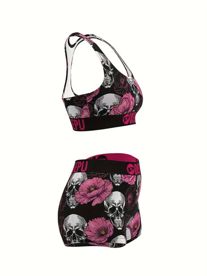 Women's Skull And Pink Flower Print Sports Bra And Shorts Set, Gothic Floral Activewear for Gym, Yoga, Running, Swimming, Halloween Workout, 2pcs Athletic Set, High Stretch Fitness Outfit, Breathable Gymwear, Goth Stylish Loungewear for Daily Use