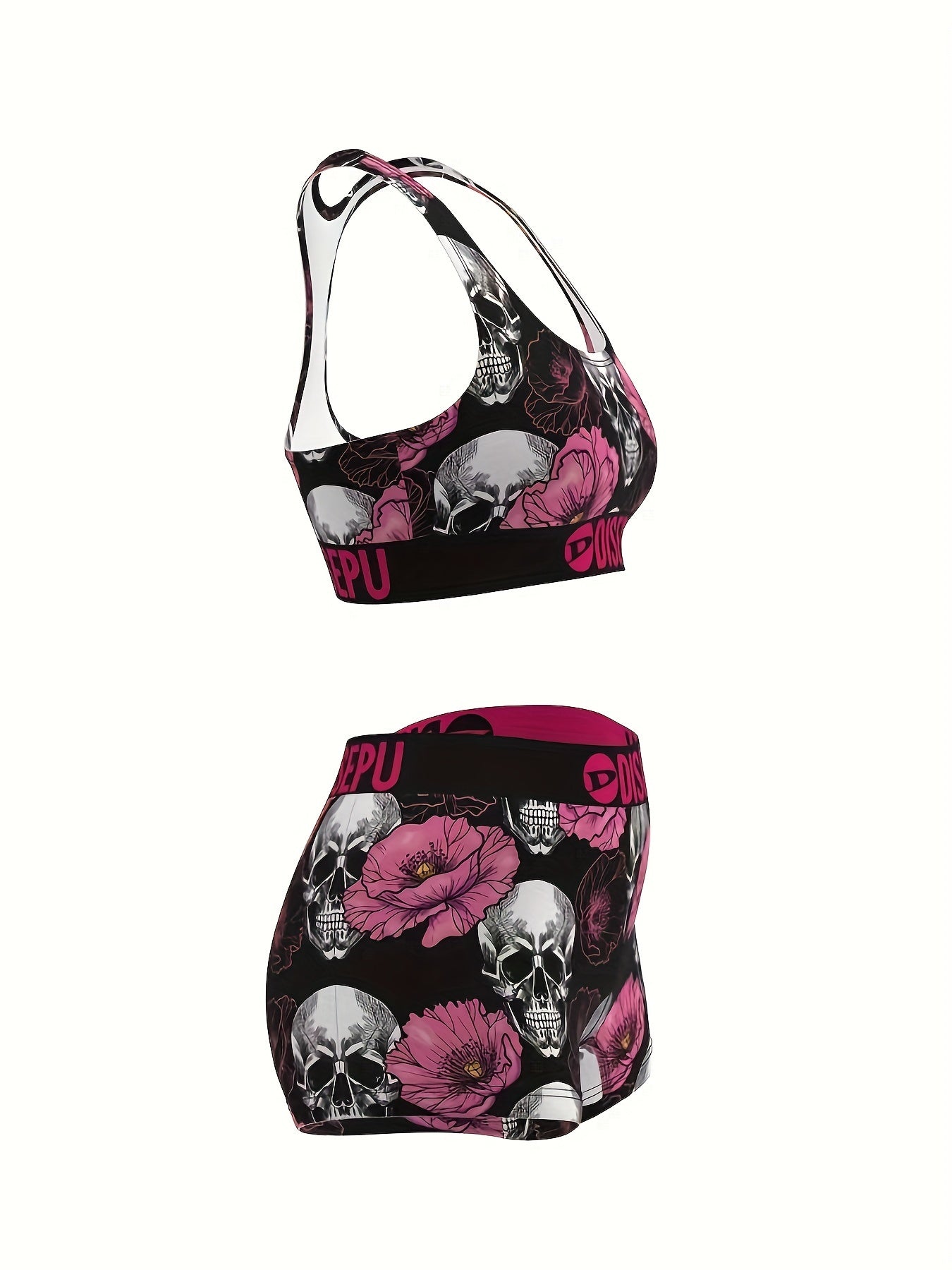 Women's Skull And Pink Flower Print Sports Bra And Shorts Set, Gothic Floral Activewear for Gym, Yoga, Running, Swimming, Halloween Workout, 2pcs Athletic Set, High Stretch Fitness Outfit, Breathable Gymwear, Goth Stylish Loungewear for Daily Use