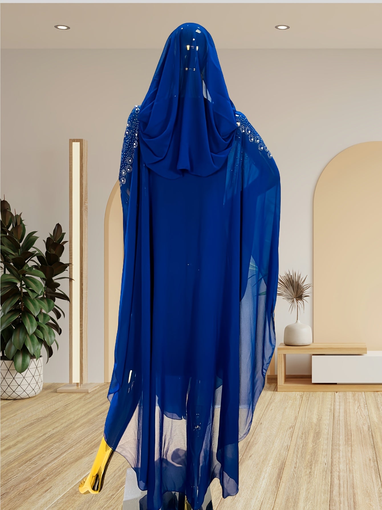 A Batwing Sleeve Shawl Wrap Adorned with Royal Blue Rhinestones, Inspired by Middle Eastern Styles. This Plus-Size Semi-Sheer Tunic Features a Loose Fit, Beaded Accents, And a Slit Hem, Perfect for Summer Weddings, Parties, And Cultural Gatherings