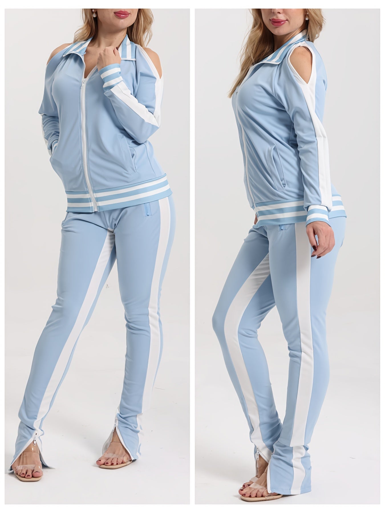 Women's 2pcs Athletic Tracksuit Set, Striped Contrast Shoulder Slit Top & Zipper Hem Sporty Pants, Activewear Lounge Set