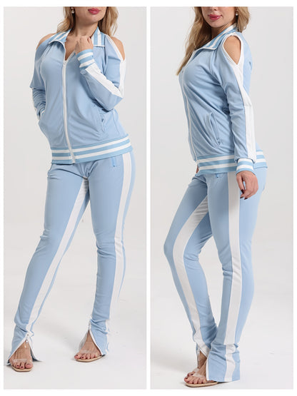 Women's 2pcs Athletic Tracksuit Set, Striped Contrast Shoulder Slit Top & Zipper Hem Sporty Pants, Activewear Lounge Set