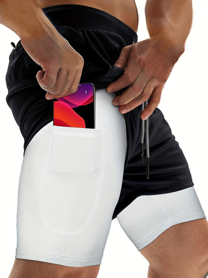 3pcs Men's 2-in-1 Double-layer Shorts with Inner Pocket, High Stretch Sports Shorts, Suitable for Summer Running, Gym Exercise And Training
