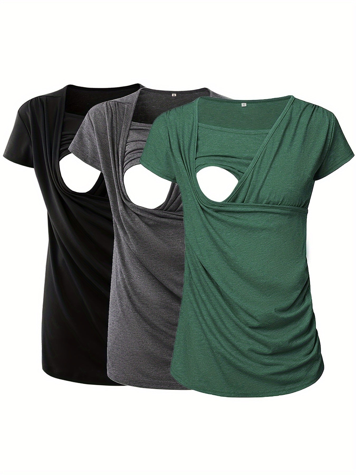 Set of 3 Women'S Short Sleeve Maternity Tops with Side Ruching for Breastfeeding