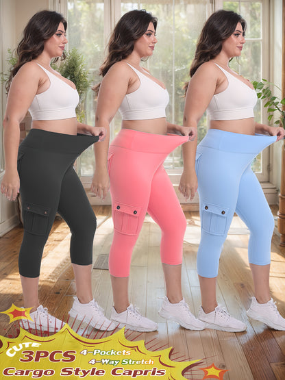 3-packs High Waist Yoga Capri Pants 3pcs Capri Pants Set, 4 Way Stretch Butt Lifting Tummy Control, 4 Button Pockets Workout Running Sports Pants