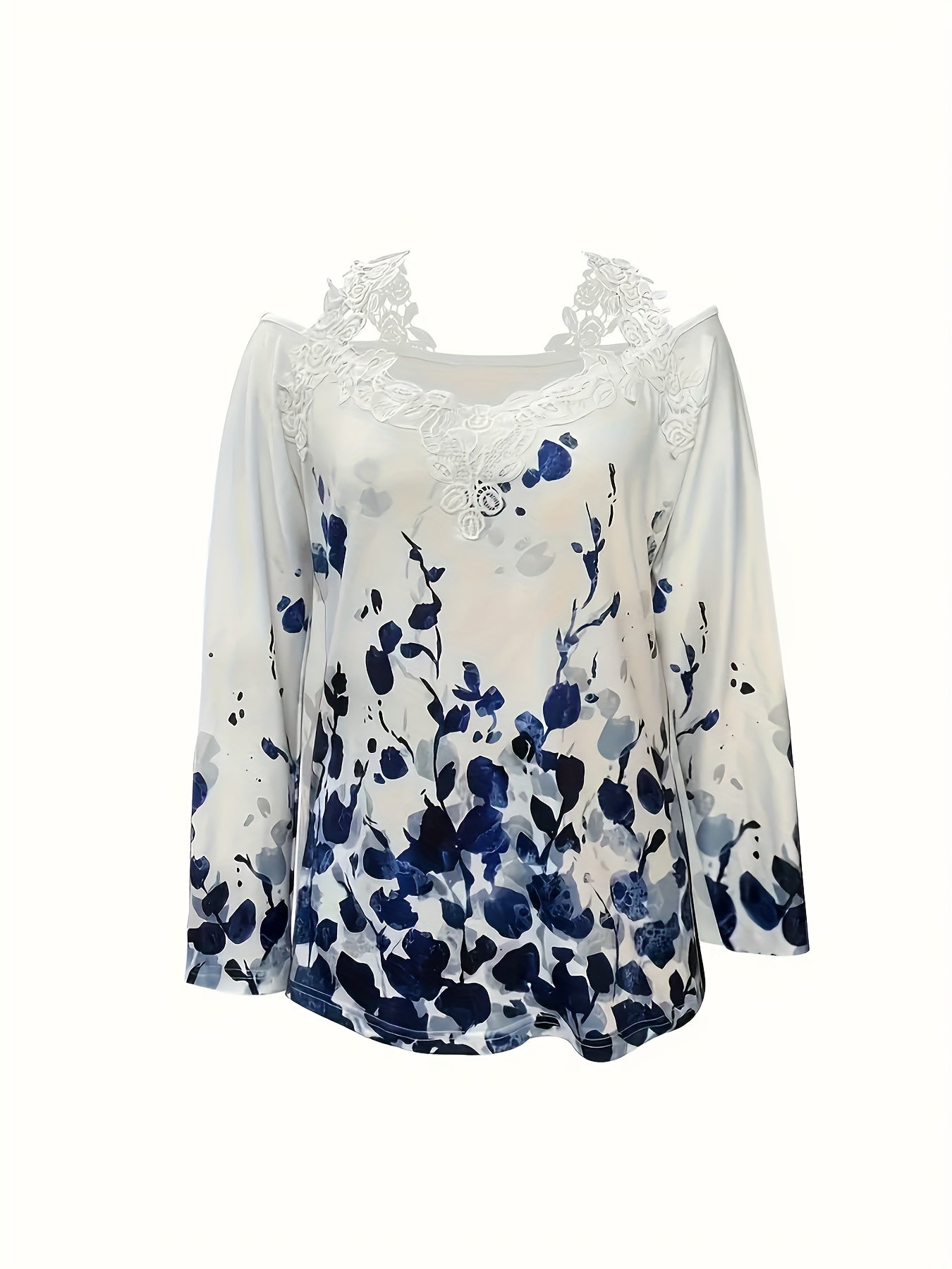 Spring And Autumn New Casual Plant Print Lace T-shirt Off-shoulder Long-sleeved Top