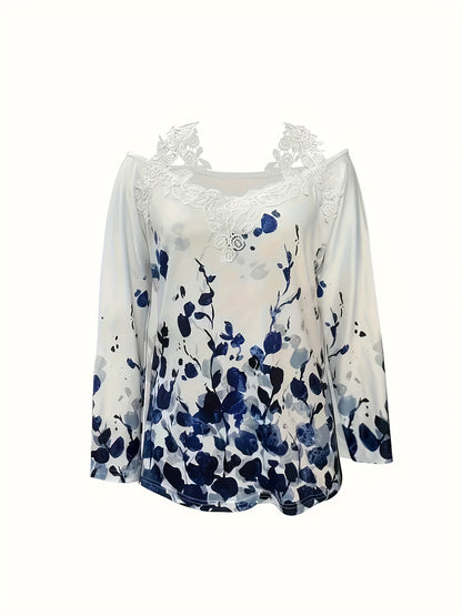 Spring And Autumn New Casual Plant Print Lace T-shirt Off-shoulder Long-sleeved Top