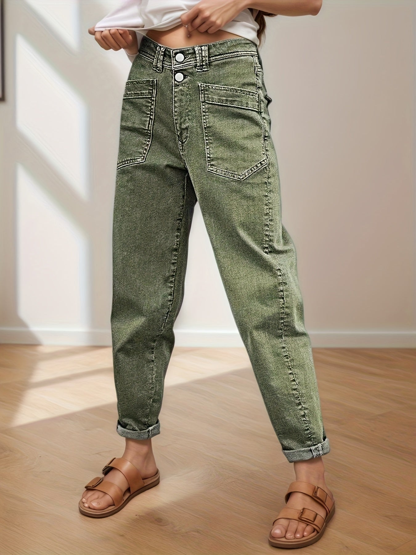 Women'S Stretch Mid-Rise Straight Jeans - Olive Green Button-Fly Belt Loops Slash Pockets Four Seasons Jeans for Casual & Semi-Formal Occasions Women'S Baggy Pants Women'S Jeans Street Fashion Women'S Pants Machine Washable
