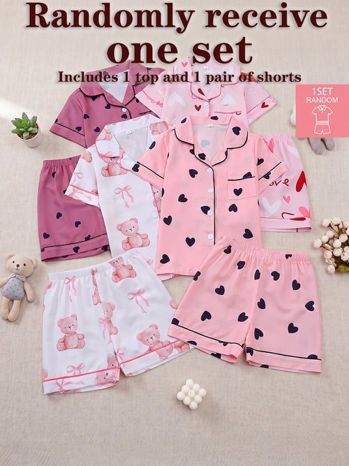 Random 1 Set!Girls' Lapel Pajama Set, Short-Sleeve Top And Elastic-Waist Shorts, Taro Purple Hearts, Light Pink Hearts, White with Teddy Bears And Bows, Pink with Black Hearts. Soft, Skin-Friendly Bubble Crepe for Cozy Home Wear
