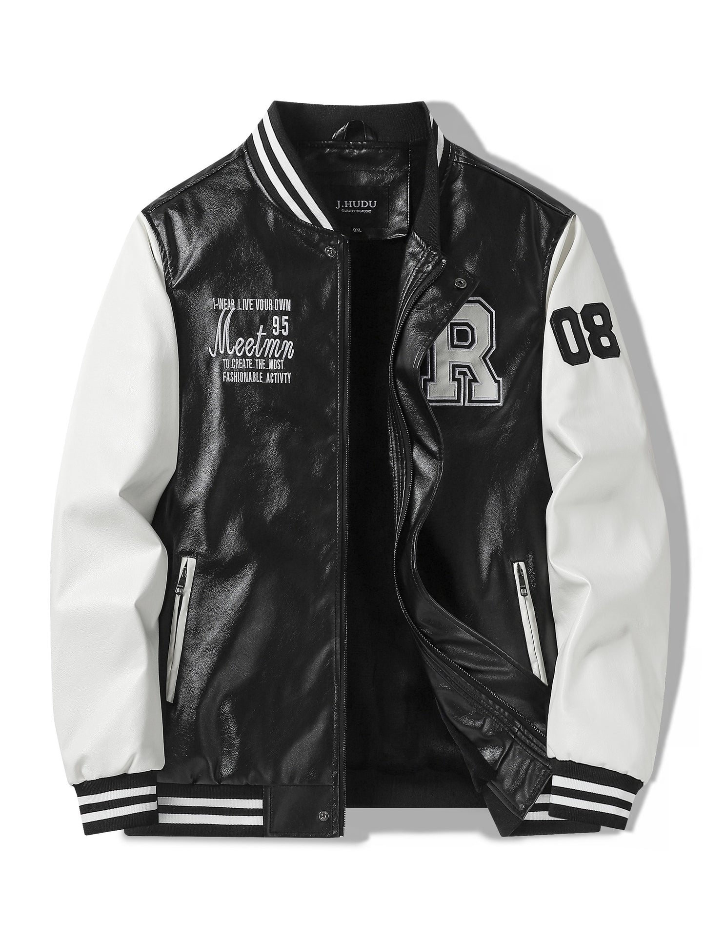 Plus Size Men'S Letter "R" Print PU Jacket for Spring/Autumn, Oversized Punk Raglan Baseball Jacket for Big & Tall Males, Men'S Clothing