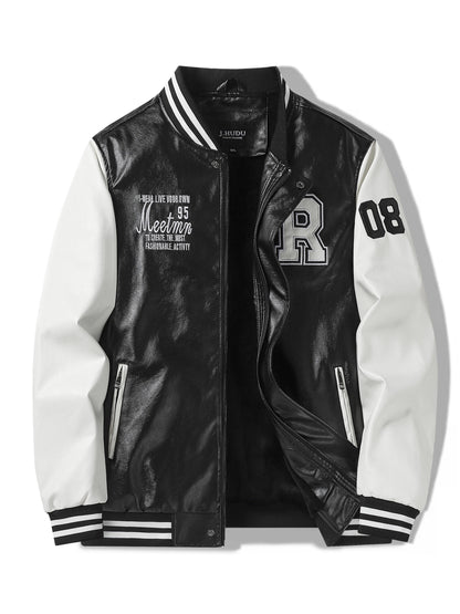 Plus Size Men'S Letter "R" Print PU Jacket for Spring/Autumn, Oversized Punk Raglan Baseball Jacket for Big & Tall Males, Men'S Clothing