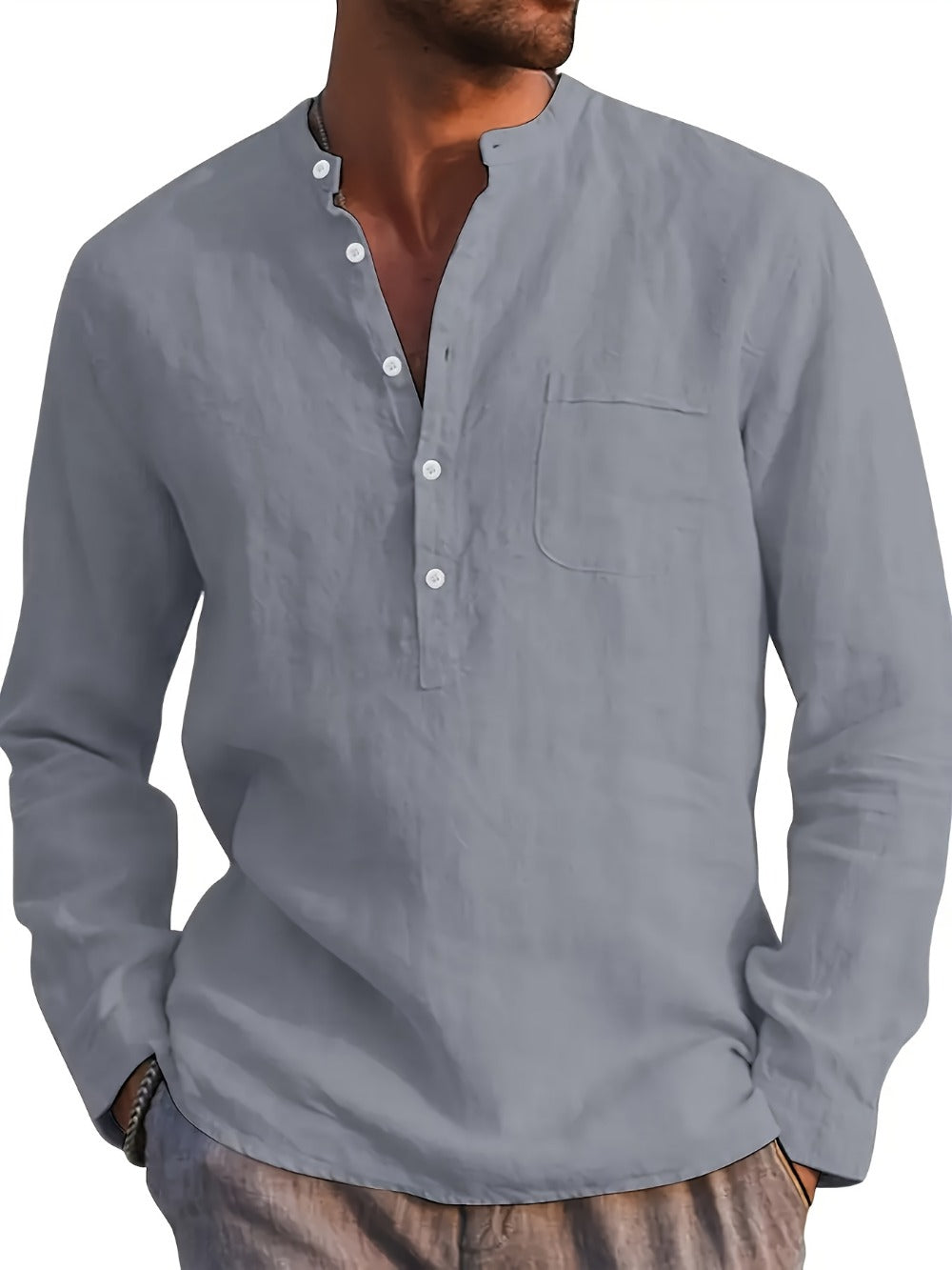 Men's Solid Plus Size Long Sleeve Casual Shirt - Stretch