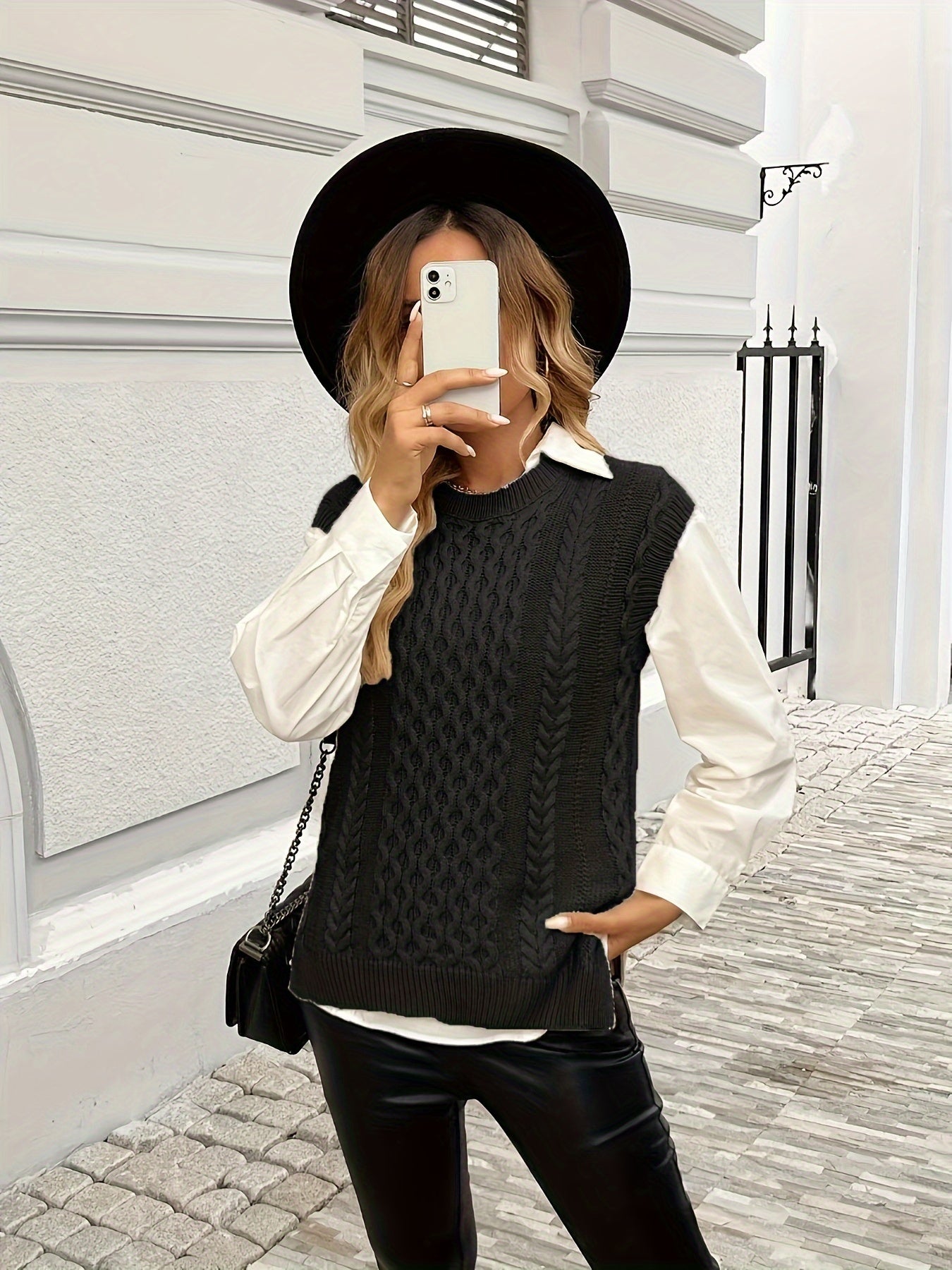 Women's Cable Sweater Vest - Sleeveless Round Neck Slit Hem Blouse, Solid Color Medium-Elastic Knitwear for Spring Summer Fall Layering, Casual & Semi-Formal Wear (Hand Washable)