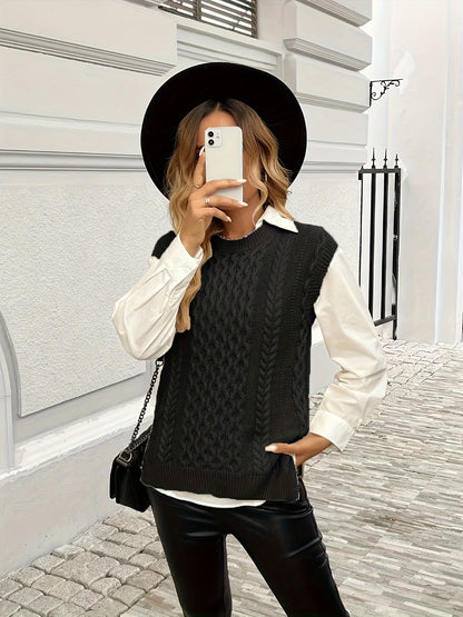 Women's Cable Sweater Vest - Sleeveless Round Neck Slit Hem Blouse, Solid Color Medium-Elastic Knitwear for Spring Summer Fall Layering, Casual & Semi-Formal Wear (Hand Washable)