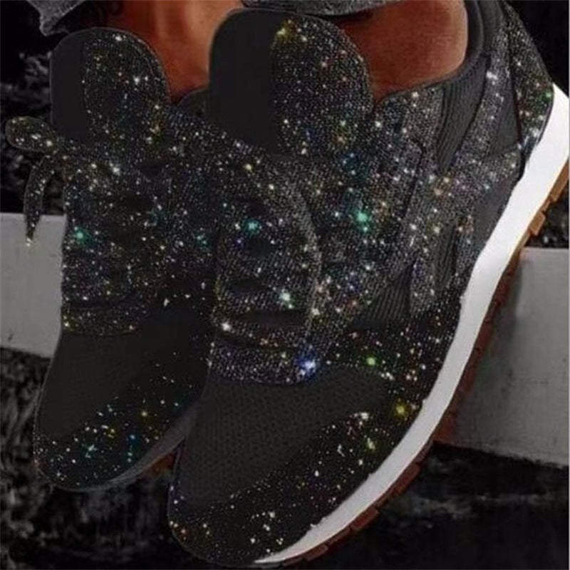 Women'S Slip-On Sneakers Glitter Pink with Sequin Decoration Casual Round Toe Lace-Up Shoes Thick Cushioning Sole PU Material Upper Four Seasons Comfortable Casual Wear Women'S Sneakers, Women Shoes
