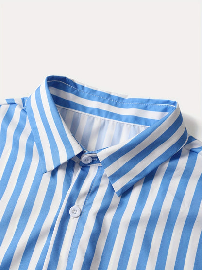 2pcs Men'S Casual Summer Outfit Set, Striped Short Sleeve Button Up Lapel Shirt Top & Solid Drawstring Shorts With Pockets For Casual Daily Wear And Holiday Resorts