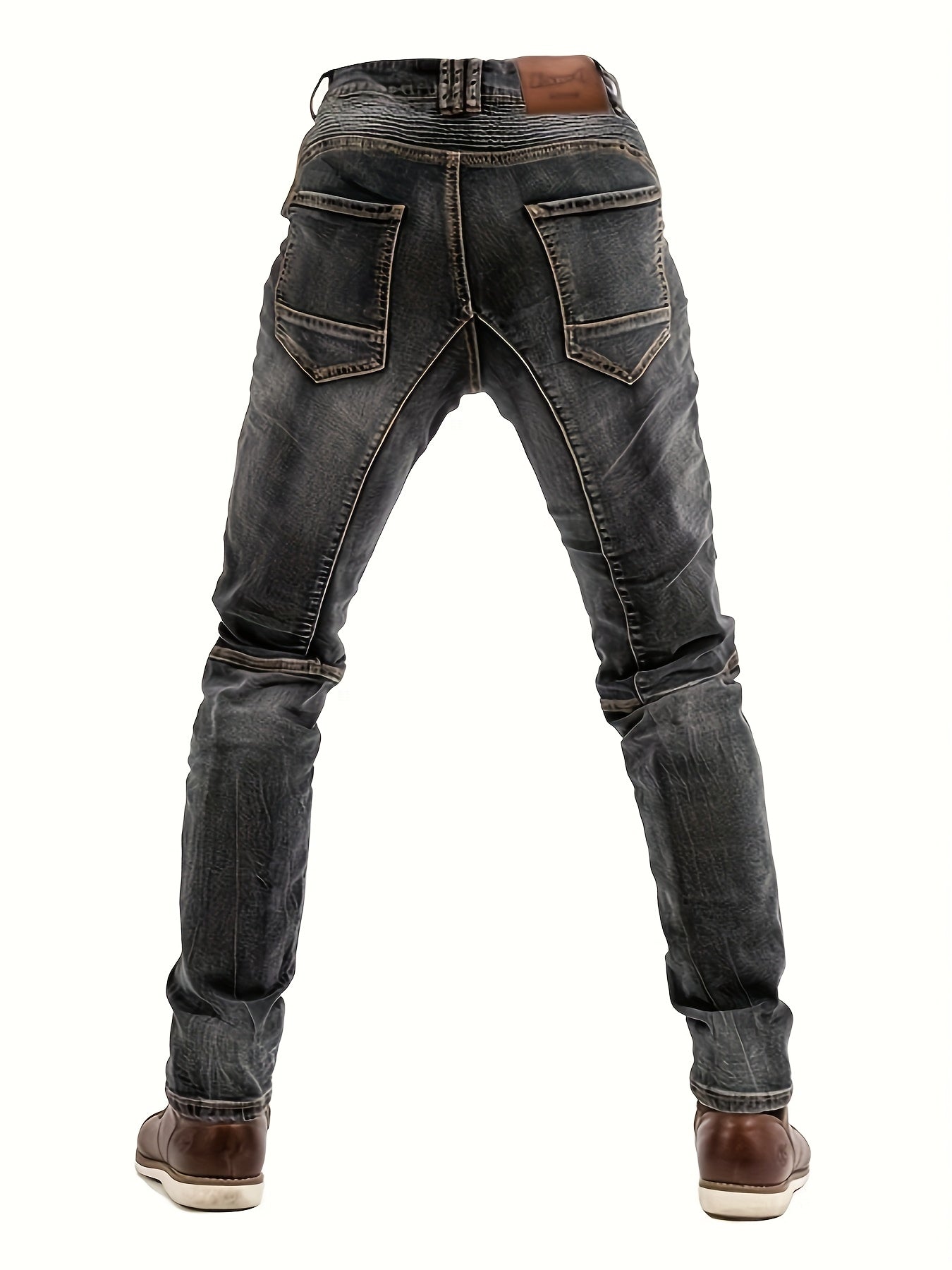 Men's Vintage Washed Motorcycle Pants - Slim Fit Stretch Denim with Elastic Panels, Mid-Stretch Comfort & Zipper Closure, Machine Washable All-Season Casual Riding Jeans