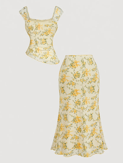 2pcs Women'S Square Neck Sleeveless Top And High-Waist Maxi Skirt Set Spring/Summer Style | Floral Print And Tie Trim Mermaid Hem Design, Gentle Vibe Ideal for Dates And Semi-Formal Occasions