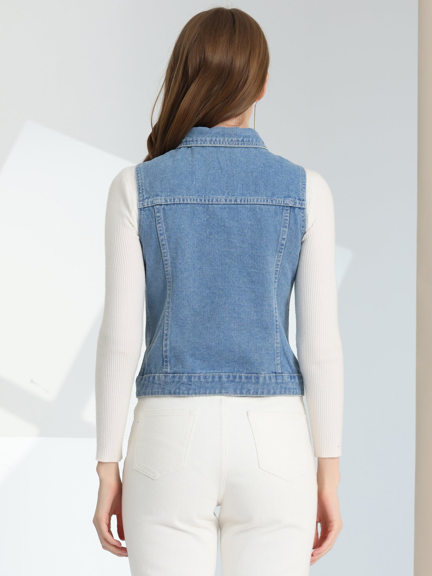 Women's Buttoned Washed Denim Vest Jacket W Chest Flap Pockets