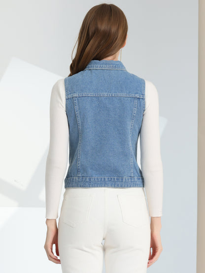 Women's Buttoned Washed Denim Vest Jacket W Chest Flap Pockets