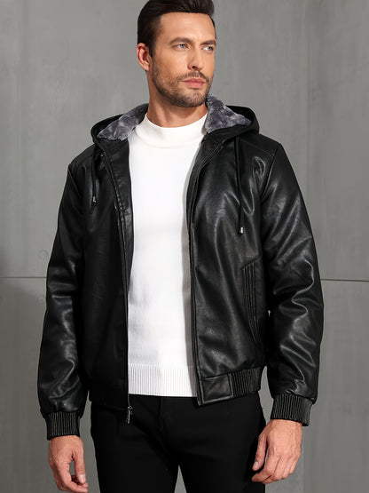 Men's Solid Color PU Faux-Leather Hooded Jackets, Trendy Thick Jacket for Spring Autumn