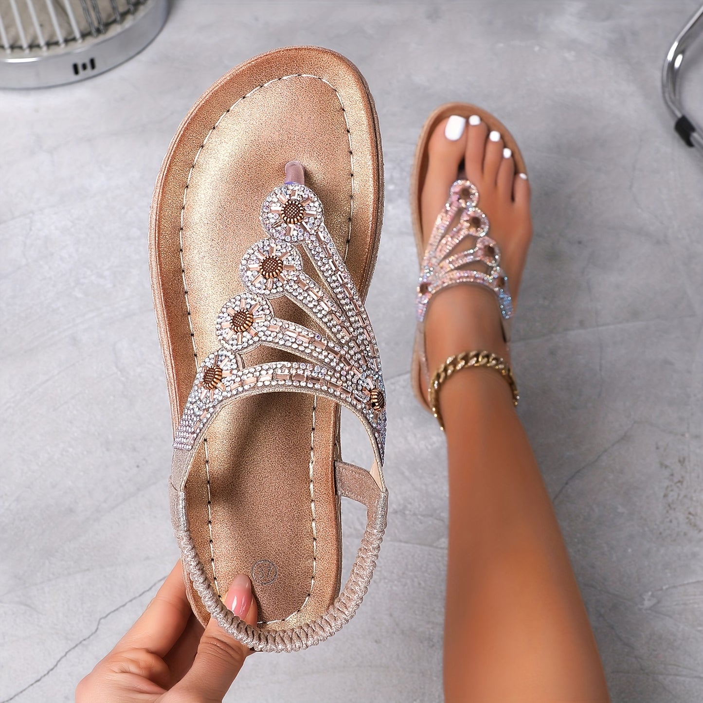 Large Summer Rhinestone Clip Toe Bohemian Style Versatile Herringbone Clip Toe Wedge Sandals for Women Roman Shoes, Women Shoes