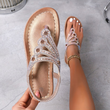 Large Summer Rhinestone Clip Toe Bohemian Style Versatile Herringbone Clip Toe Wedge Sandals for Women Roman Shoes, Women Shoes