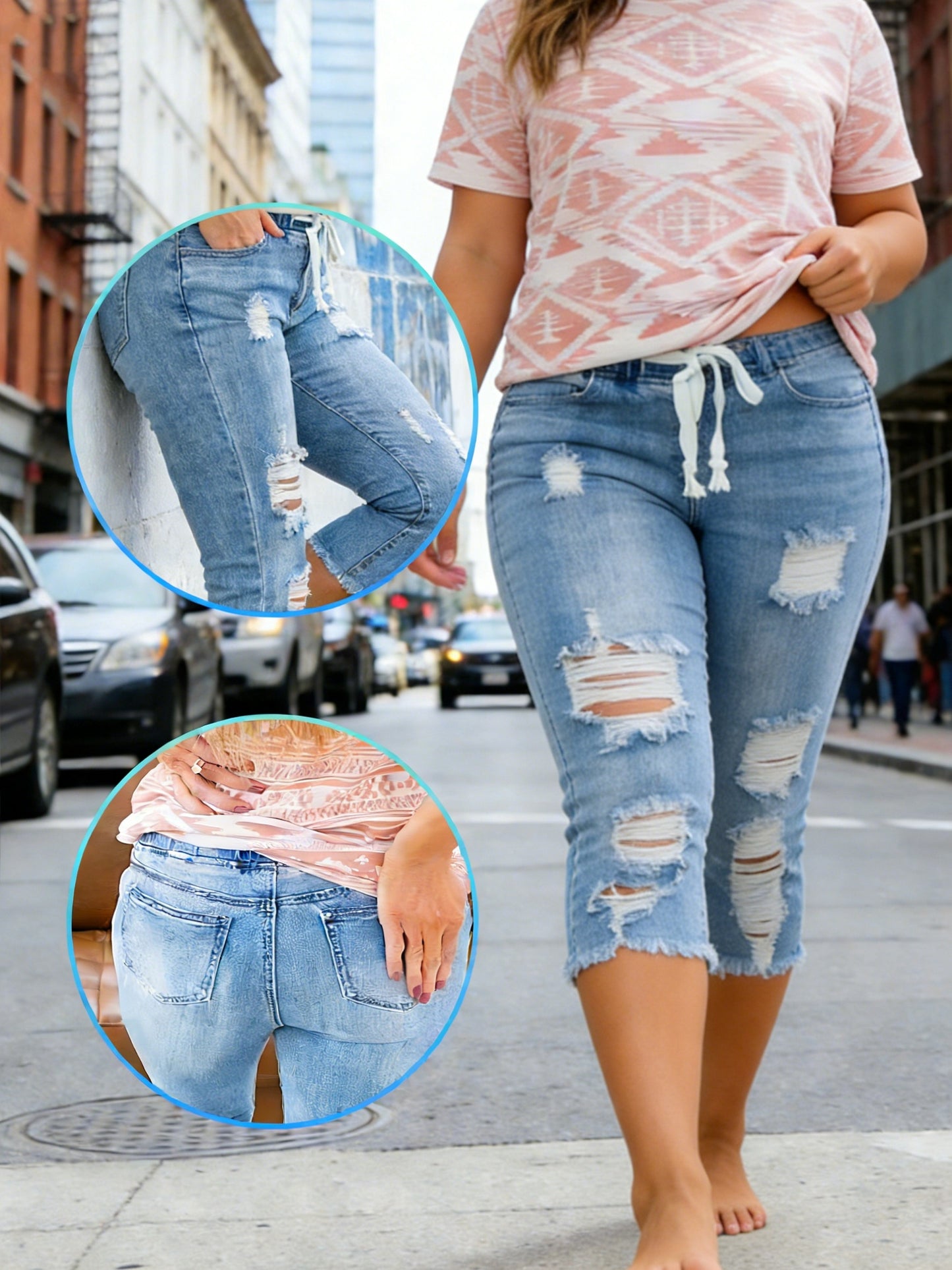 Plus-size Women's Denim Shorts, Drawstring Jeans, Ripped Details, Suitable for Various Tops, Loose Fit, Plus-size Women's Clothing, Ideal for Vacation, Pants