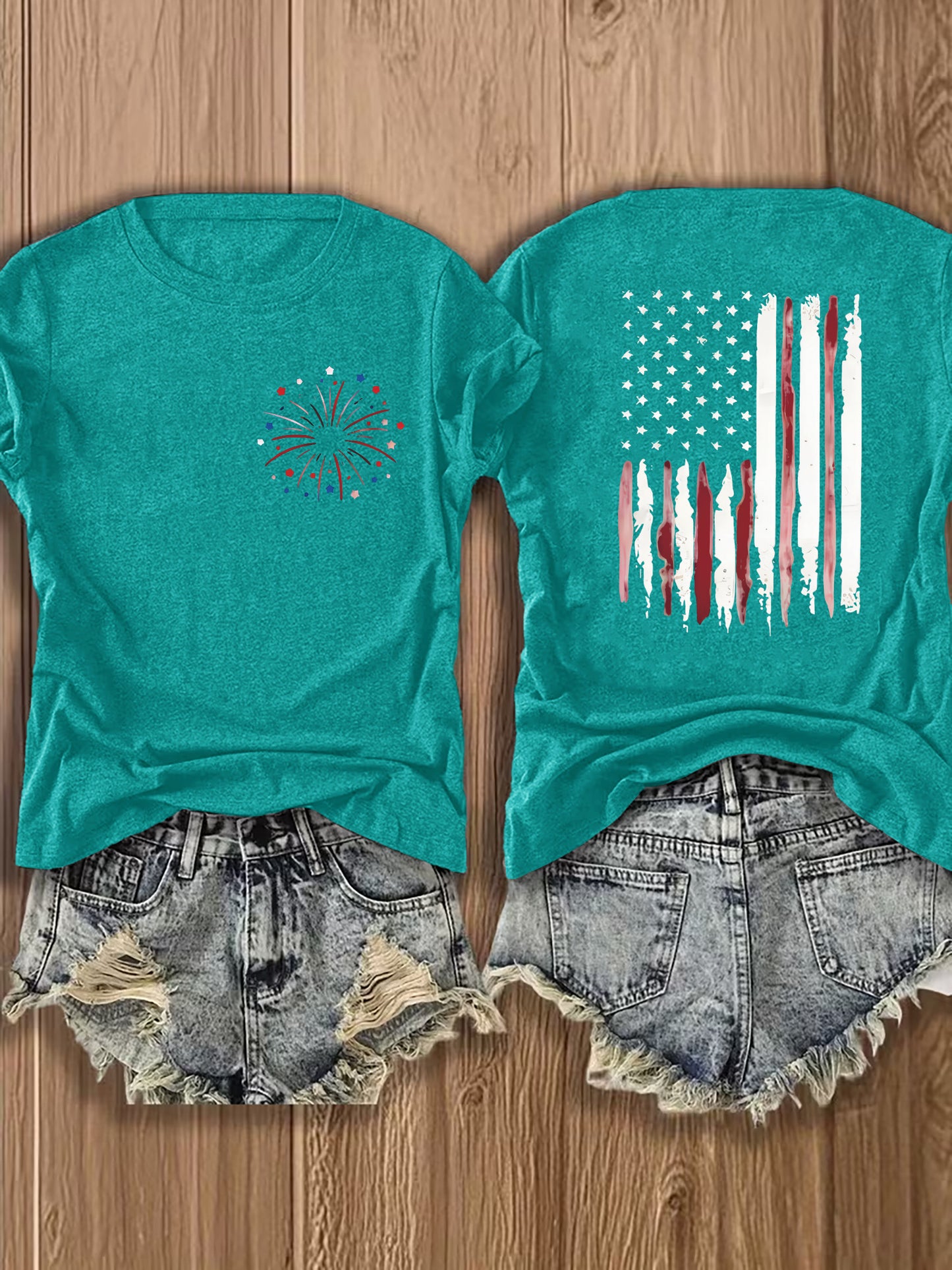 Women'S Summer Crew Neck Short Sleeve T-Shirt, Lightweight & Breathable, American Flag & Fireworks Print, Casual Street Style Top For Daily Wear & Patriotic Celebrations, Comfortable Athletic Outfit