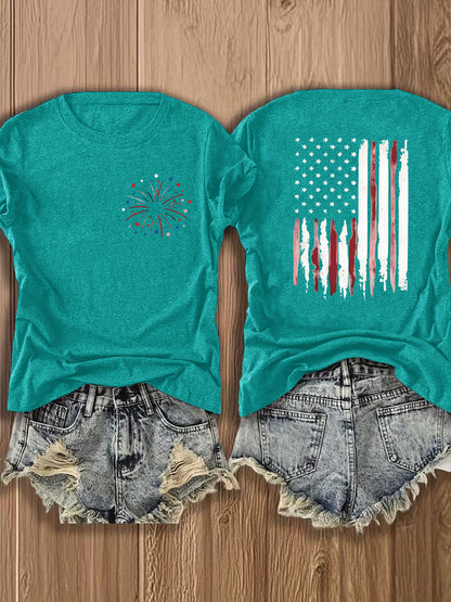 Women'S Summer Crew Neck Short Sleeve T-Shirt, Lightweight & Breathable, American Flag & Fireworks Print, Casual Street Style Top For Daily Wear & Patriotic Celebrations, Comfortable Athletic Outfit