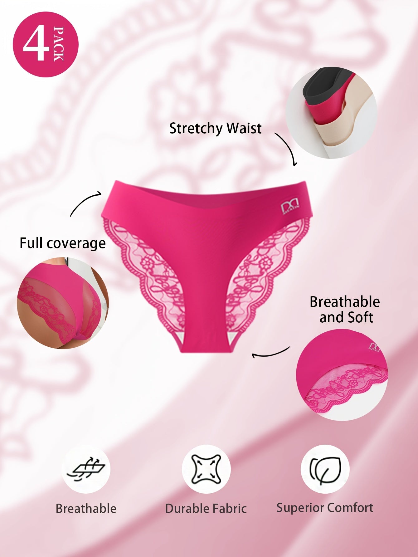 4pcs Women's Comfy Chic Semi-Sheer Lace Briefs - Low-Rise Soft Stretch Underwear, Scallop Trim & Breathable Moisture-Wicking Panties, Everyday Lingerie Essentials (4pcs) - & Elegant Briefs Suitable for Casual Attire & Special Occasions