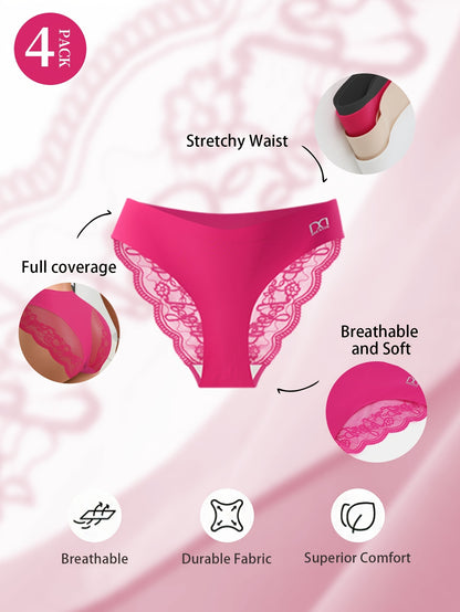 4pcs Women's Comfy Chic Semi-Sheer Lace Briefs - Low-Rise Soft Stretch Underwear, Scallop Trim & Breathable Moisture-Wicking Panties, Everyday Lingerie Essentials (4pcs) - & Elegant Briefs Suitable for Casual Attire & Special Occasions